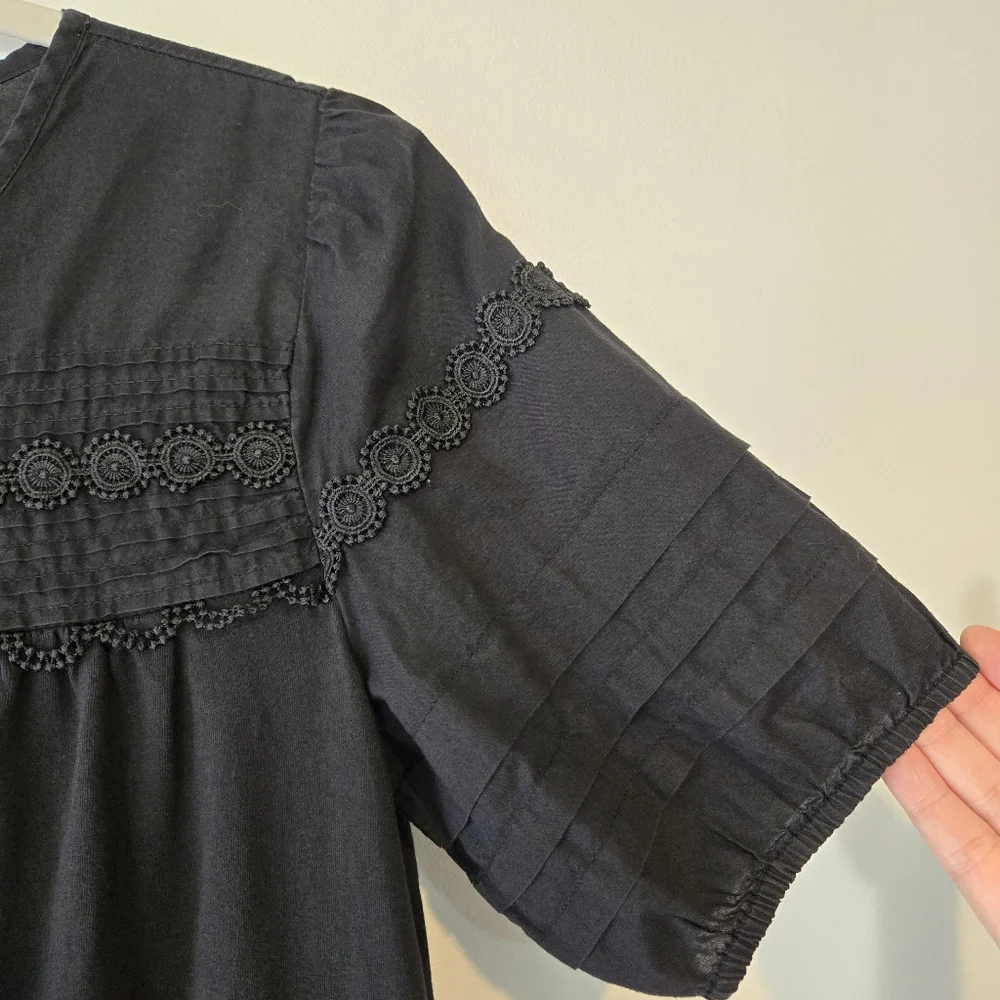 J. Crew Black Pintucked Puff Sleeve Peasant Prairie Blouse Top Size Small